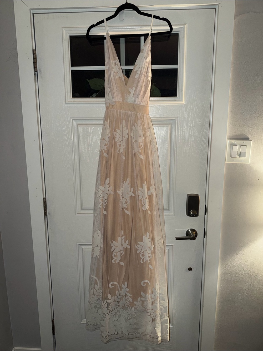 Luxxel Nude and White Floral Lace Maxi Dress